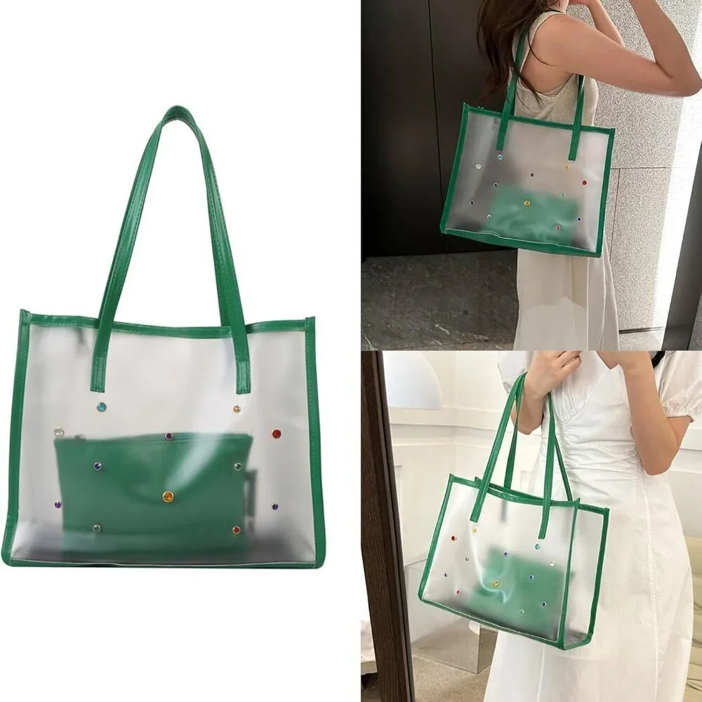 2Pcs Women's Transparent PVC Shoulder Bag Set Black for Beach Shopping